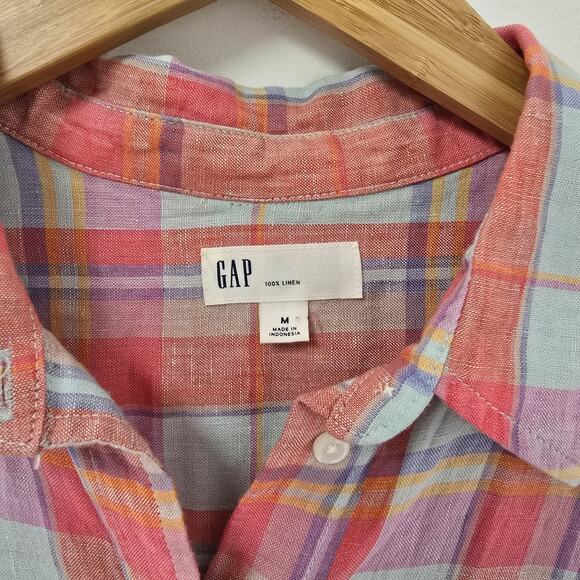 Gap Shirt Size M Pink Blue Plaid Button Up Long Sleeve Casual 100% Linen Womens - Picture 4 of 6